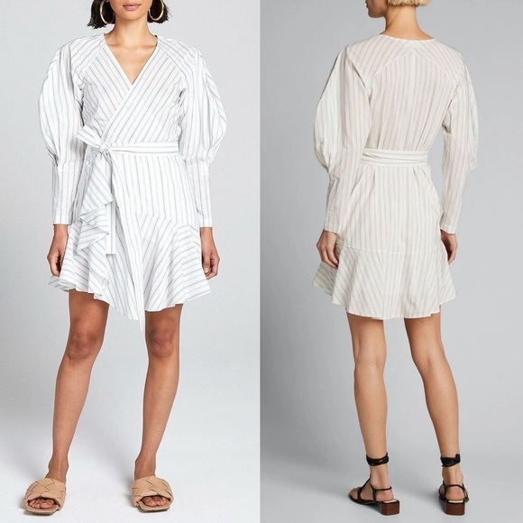 NWT ALC Striped Cotton Silk Blend Puff Long Sleeve Ruffle Hem Wrap Waist Dress 6 - Picture 3 of 12
